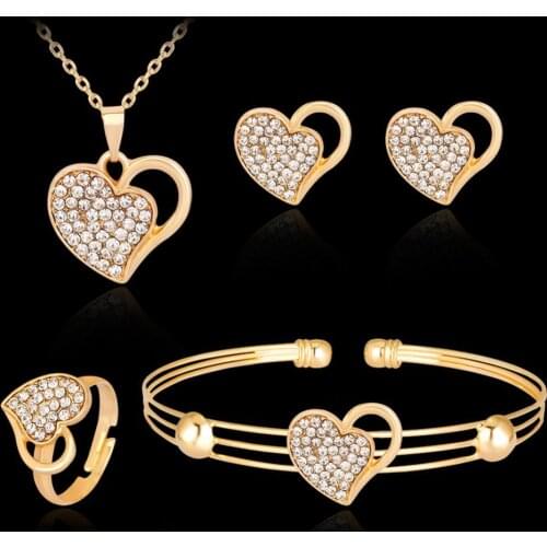 Luxury Rhinestone Hollow Love Heart Necklace Bangle Ring Earrings Banquet Jewelry Set christmas gift Jewelry