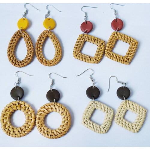Colored Polymer Clay Disc Circle Teardrop Woven Rattan Earrings for Women Geometric Moon Open Rhombus Dangle Earrings Jewelry