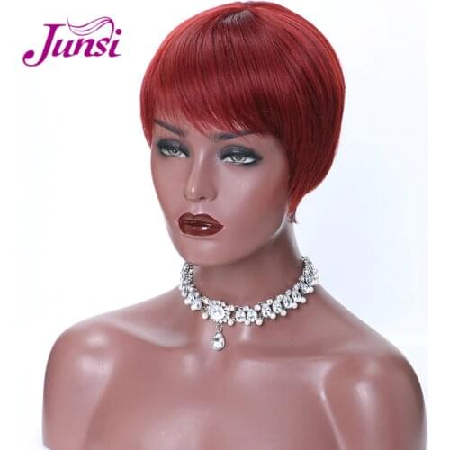 JUNSI Hair Short Red Black Pixie Cut Synthetic Wigs for Women Natural Wigs