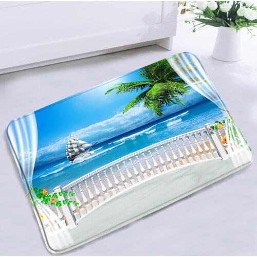 Nordic Tropical Landscape Bathroom Mat 3D Beach Blue Ocean Sailing Palm Tree Non-slip Bath Kitchen Entrance Floor Rugs Washable