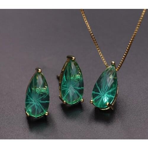 Fashion Green Water Drop Crystal Jewelry Set Gold Color Chain Blue Pendant Necklace Earrings Set For Women Bride Wedding Jewelry
