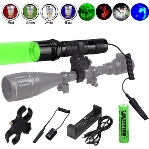 Tactical 6P LED Flashlight Torch for Hunting Night Scout Set Gun Light Red/Green/Blue Head+Switch+Rifle Mount+18650+USB Charger