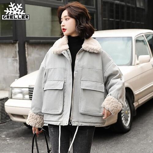 GRELLER Warm winter coat women Stitched Lamb Velvet Collar And Cuffsew design With Pocket OverSize female short ackets Solid