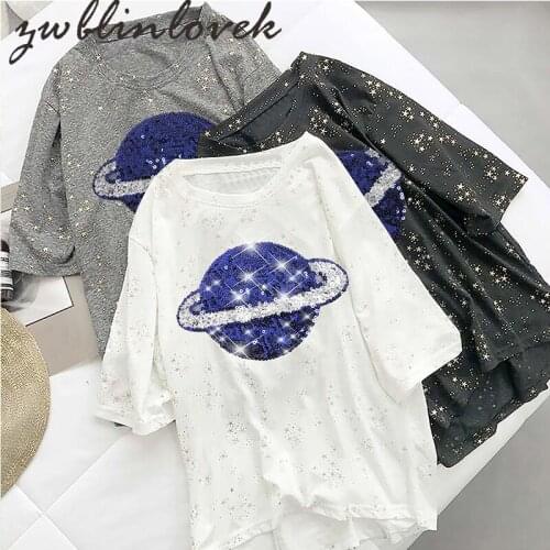 Large Size Tops Tee Summer T-Shirt Female Short-Sleeve Korean Style Loose Space Planet Embroidered Sequined Shirt 2C0083