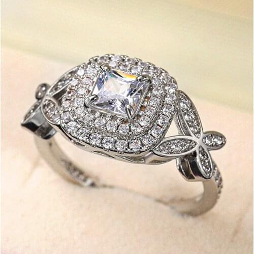 Vintage Female Crystal Butterfly Big Ring Charm Silver Color Engagement Ring Luxury White Square Zircon Wedding Rings For Women
