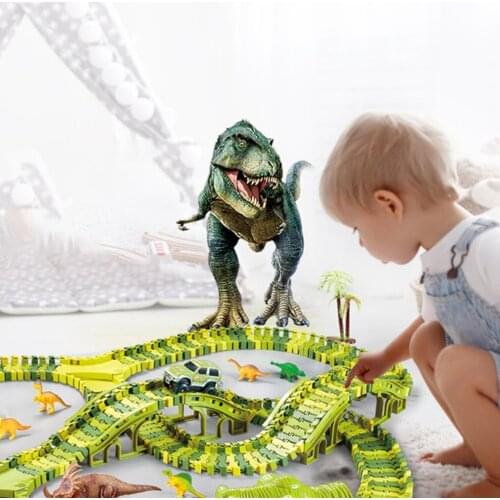 Dinosaur Railway Toy For Kids DIY Assemble Dinosaur Race Track Set Magical Racing Track Railway Electric Race Car Model Toys