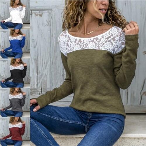 Summer T Shirt Women New Sexy Lace Stitching Pure Color Ms Round Neck Long Sleeve T-shirt Female Tee Tshirts CHD0001
