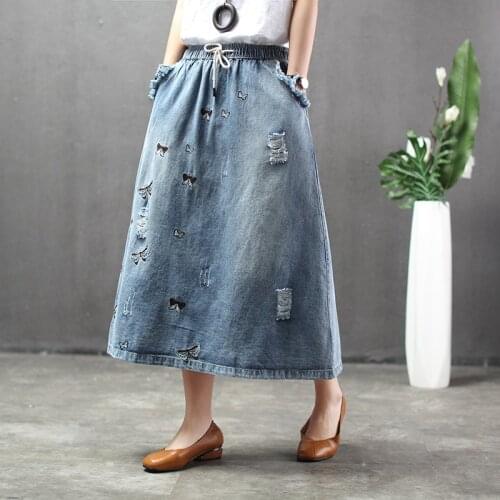 Ethnic Style Butterfly Embroidered Woman Denim Long Skirt Drawstring Elastic Waist Casual Loose Mid-calf Jeans Oversized Skirt