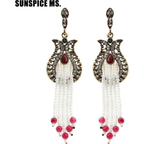 Vintage Long Beads Tassels Drop Earring For Women Antique Bronze Retro Resin Earrings Jewelry Hollow Flower Ethnic Bijuox 2018