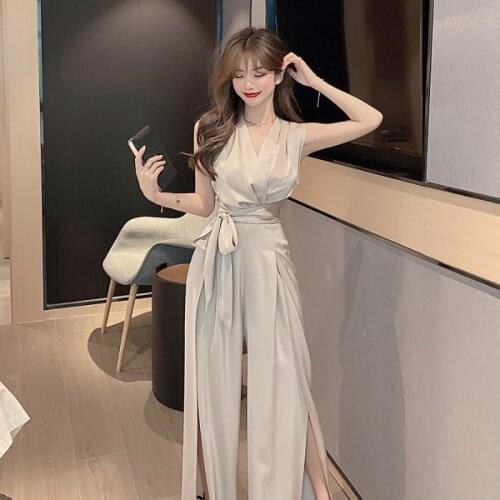 Jumpsuits&Rompers Summer Fashion Temperament Slim Plus Size V Neck Sleeveless Jumpsuit Women Bandage Split One Piece Outfit
