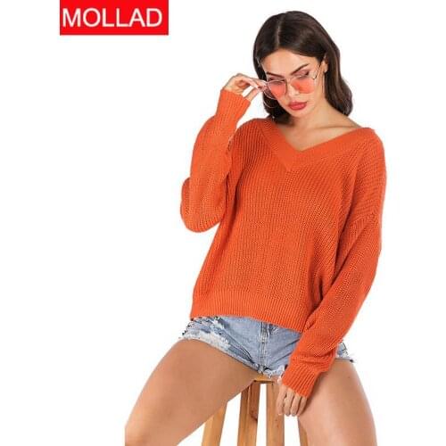 V-neck Orange Color Sweater Womens Batwing Long Sleeve Womens Sweaters Loose Knitted-Tops Loose Pullover Ladies Knitwear