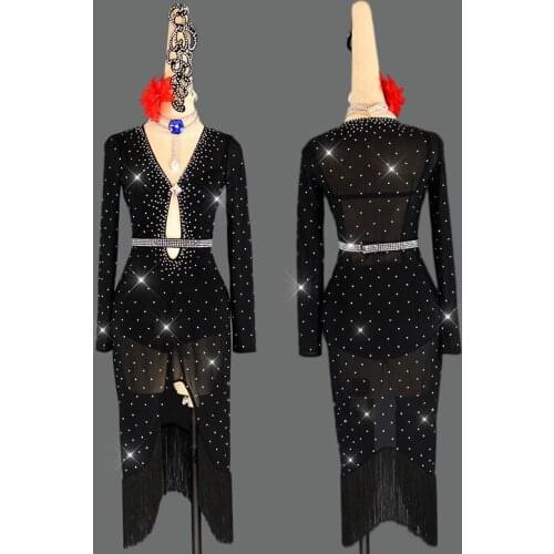 Black Elastic Mesh Gauze Latin Dance Dress Women High-end Custom Black Red Color Fashion Feminine Professional Ballroom Suits