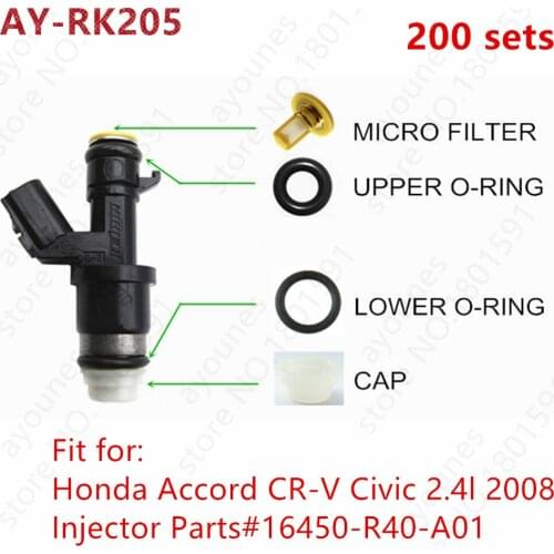 200sets For Honda Accord 2008 Fuel Injector Repair Kits Auto Parts #16450 R40 A01 Micro Filters Viton Orings Caps For AY-RK205