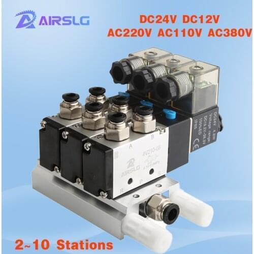 4V310-10 DC24V 12V 2 Positions 5 Way Quadruple Solenoid Valve Aluminum Base Fitting Mufflers Set Stations AC220V AC110V AC380V