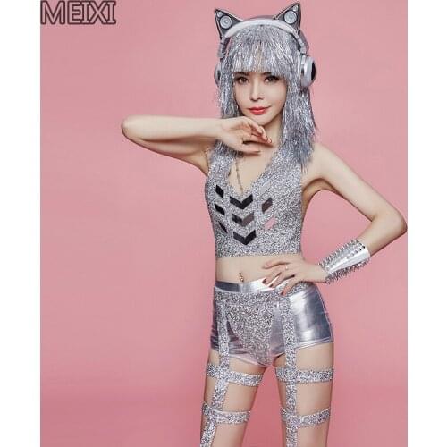 Sparkly silver personality bandage sparkly suit bar club concert girl dancer costume