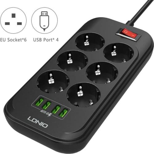 LDNIO 16A European Standard Round Hole Power Strip Socket With USB 3.4A 6 Socket 4 USB Fast Charger Adapter Strip Plate