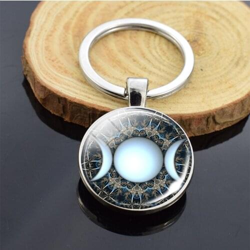 Triple Moon Goddess Keychain Pendant Witchcraft Jewelry Double Side Glass Dome Key Chain Key Holder