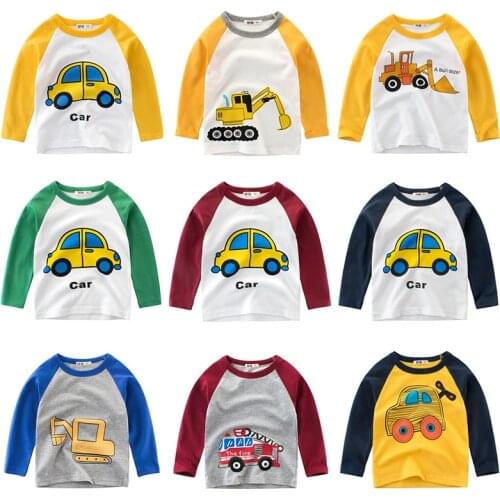 Children T Shirt Long Sleeves Kids Boys Girls Cotton Tops Baby Car Machine Print Cartoon Clothing Tee 2-8 Years Clothes Full