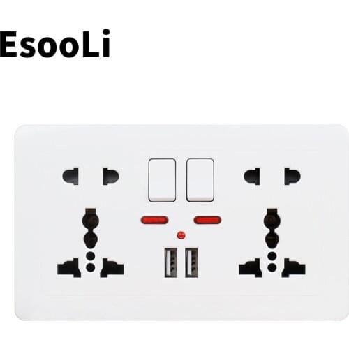EsooLi Push button 2.1A Dual USB Charger Port LED indicator Wall Power Socket Double Universal 5 Hole Switched Outlet 146mm*86mm