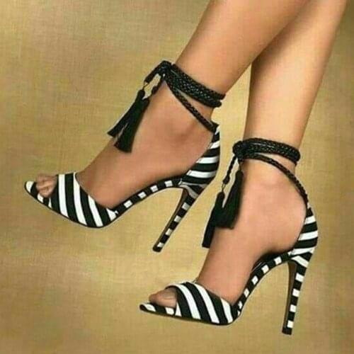 FGHGF NEW,Shoes, womens sandals, black striped cloth, nude strappy sandals, 11cm sexy open-toe shoes