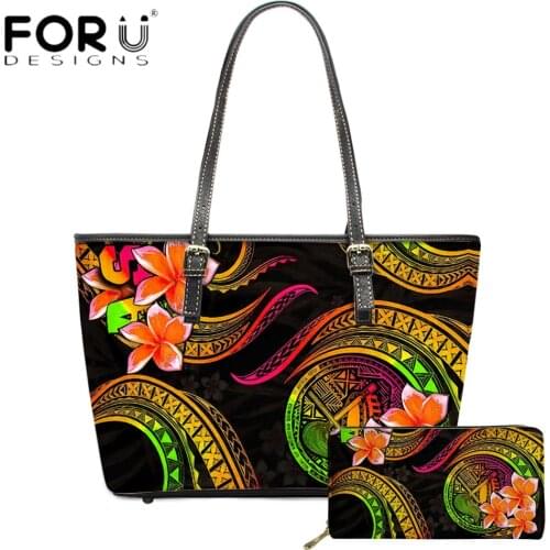 FORUDESIGNS Hot Style Women Large Leather Shoulder Bag 2pcs Set Polynesian Samoa Plumeria Flower 3D Printed Elegant Ladies Sac