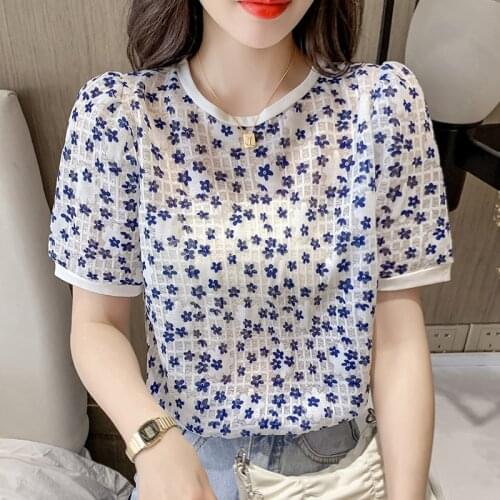 20444 (room 4, row 4, No. 7, top) non real shot net red picture round neck floret short sleeve knitted T-shirt 36