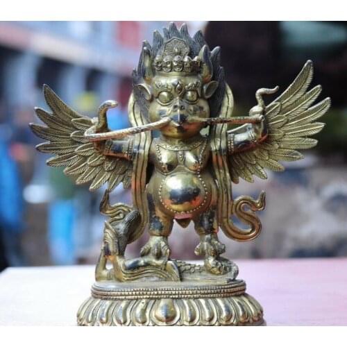 China Buddhism Old Copper Gilt Redpoll Winged Garuda Bird GodEagle Buddha Statue