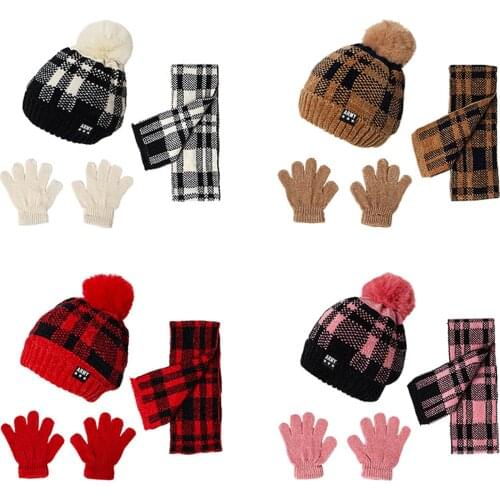 FOCUSNORM 4 Colors Kids Girls Boys Scarf Hat Glove Set Plaid Printed Neckerchief+ Knitted Cap+ Solid Color Knitted Gloves