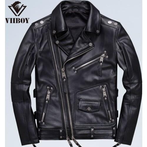 Spring Winter Leather Jackets Men Coats Real Cow Leather Oblique Zipper Motorcycle Biker Men Jacket