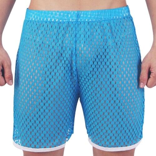 Men Mesh Shorts Sexy Beach Board Short Mens See Through Fishnet Gay Male Stage Loose Hollow Out Underwear Shorts