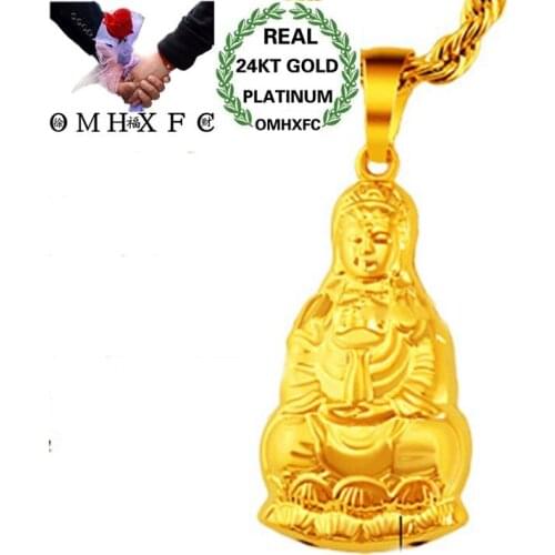 OMHXFC Wholesale European Fashion Woman Unisex Party Birthday Wedding Gift Lotus GuanYin 24KT Real Gold Charm Pendant PN227