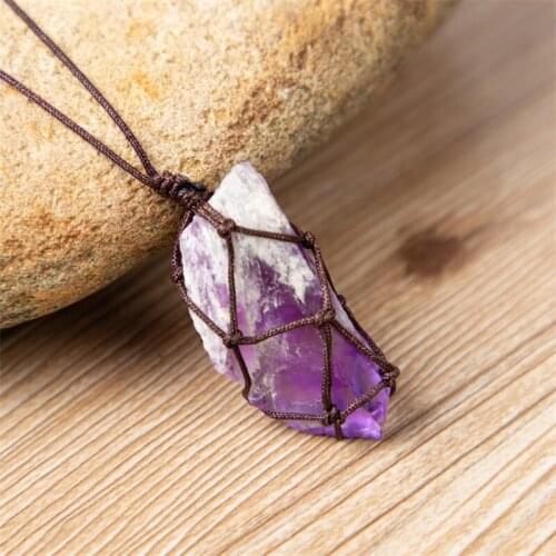 Raw Amethyst Crystal Quartz Wrapped Pendant Necklace-Natural Stone Energy Point Jewelry Gift for Women February Birthstone #UJ4D