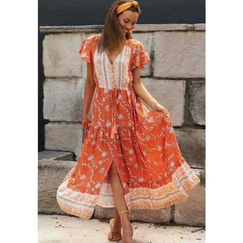 Jastie Bohemian Floral Print Maxi Dress Women Short Flare Sleeve Summer Boho Dress Elastic Waist Casual Beach Long Dress Vestido