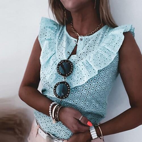 Casual O Neck Ruffle Ladies Blouses Summer Sexy Sleeveless Hollow Out Tops Pullover 2021 Spring Solid Chic Buttoned Slim Shirts