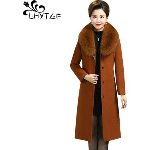 UHYTGF abrigo mujer luxury fur collar winter coat wome solid color wild quality wool jacket elegant mom 5XL plus size coat 1043