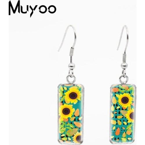 Watercolor Sunflower Paintings Glass Cabochon Fish Hook Earrings Vintage Sunflower Artwork Paintings Rectangle Hook Earrings