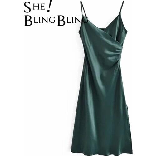 SheBlingBling Green Satin Slip Dress Summer Chic Sleeveless Spaghetti Strap Wrap Front Ruched Split Side Women Midi Party Dress