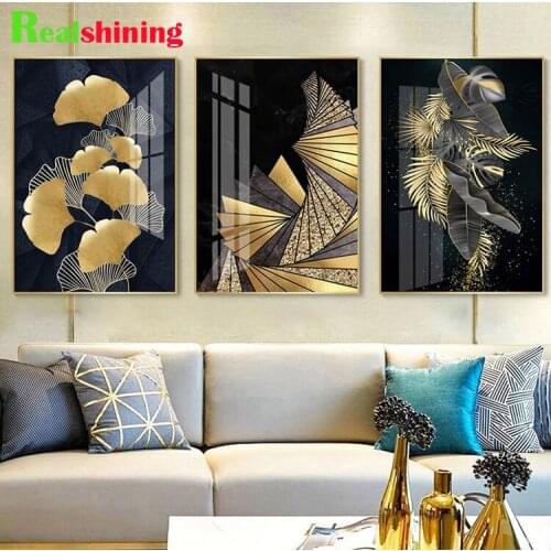 Triptych Diamond painting Nordic Decor Gold Leaf Abstract Diamond Embroidery Square Drill Cross Stitch Landscape 3 piece N2038