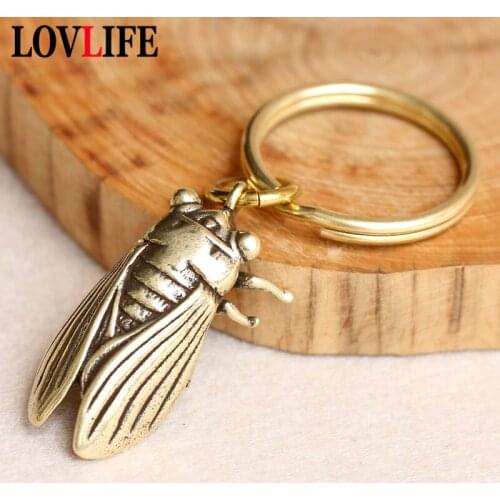 Vintage Brass Cicada Keychain Pendants Gifts Pure Copper Lucky Key Chain Ring Hanging Trinkets Chinese Feng Shui Keyring Pendant