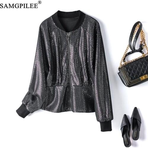 High-end Bright Face Jackets For Women 2021 New Stand Collar High Waist Slim Zipper Cardigan Plus Size Short Jacket Woman 4XL