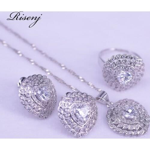 Heart Austrian White Crystal Silver Color Jewelry For Women Earrings Ring Necklace Set Best Wish Present Free Shipping
