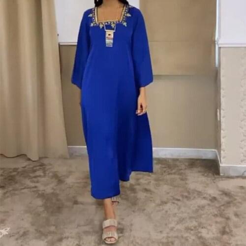 Women Diamonds Dubai Jalabiya Dress Long Loose Satin Arabic Ethnic Gown Islamic Muslim Abaya Party Evening Robe Morocco Blue