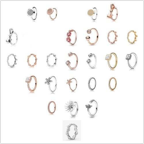 925 Sterling Silver Rose Square Sparkle Open Pandora Ring With Crystal For Women Wedding Party Jewelry