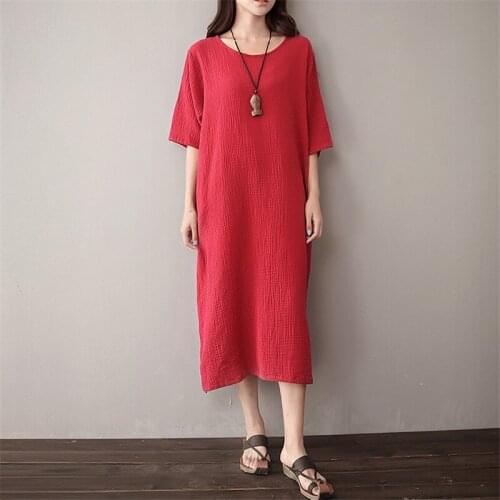 Women Cotton Linen Vintage Dress Half Sleeve O-neck Plus Size Loose casual dress,Cotton Vestidos large size M-5XL 6XL black red