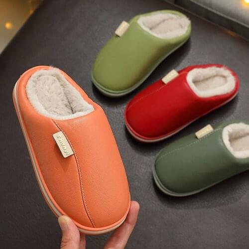 Winter Kids Slippers Couple Shoes Short Plush Warm Girls Boys Non-slip Soft PU Leather Waterproof Home Slipper Indoor Bedroom