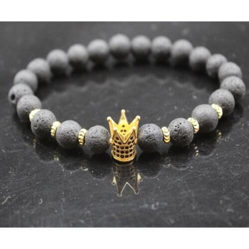 Gold P Black Crown Ball Beaded Bracelet 8mm Natural Stone Lava CZ Zircon Beads Bangle Stretch Charm Yoga For Women Men Jewelry
