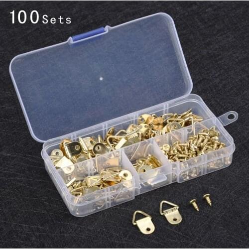 100PCS/set Gold Color Metal Triangle D-Ring Hanging Hanger Art Work Photo Wall Hook With Screws