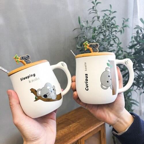 450ml Japanese Creative Simple Cartoon Koala Ceramic Cup with Lid Spoon Cartoon Cute Water Cup Small Fresh Coffee Mug