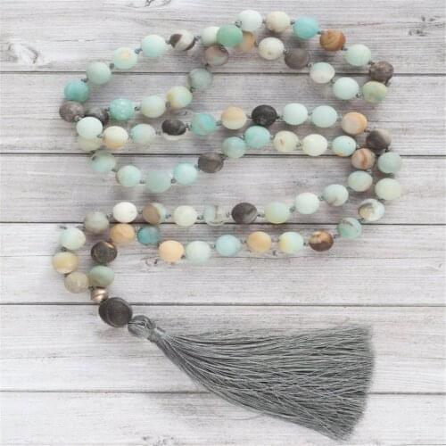 8mm Amazonite Gemstone 108 Beads Mala Tassel Necklace Tibetan Prayer Yoga Mala Classic Retro Meditation Chakra Wristband