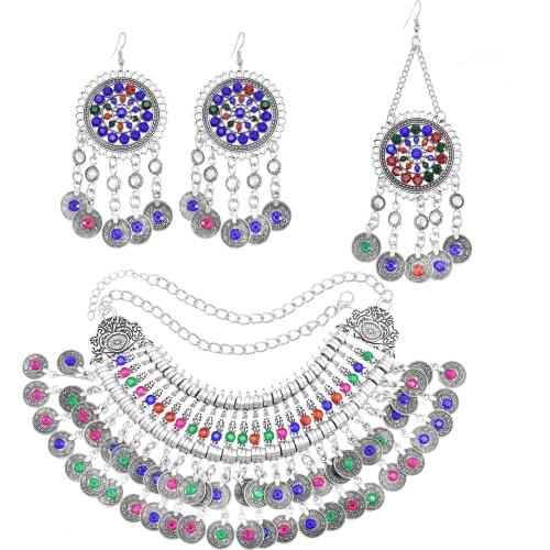Afghan Jewelry Sets for Women Colorful Rhinestone Crystal Necklaces Earring Hair Clips Bridal Afghan Indian Jewelry Sets